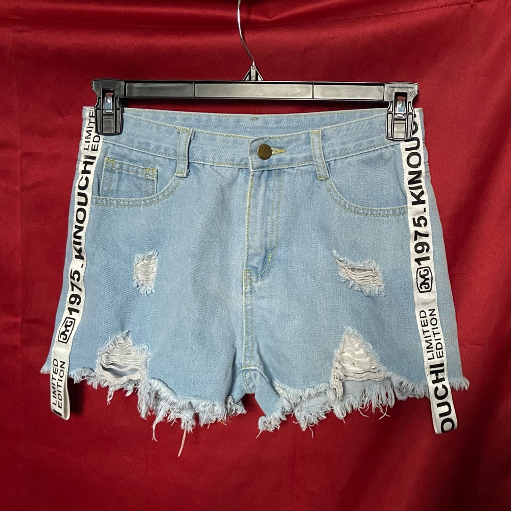 SHEIN Light Blue Distressed Jean Shorts with Graphic Straps